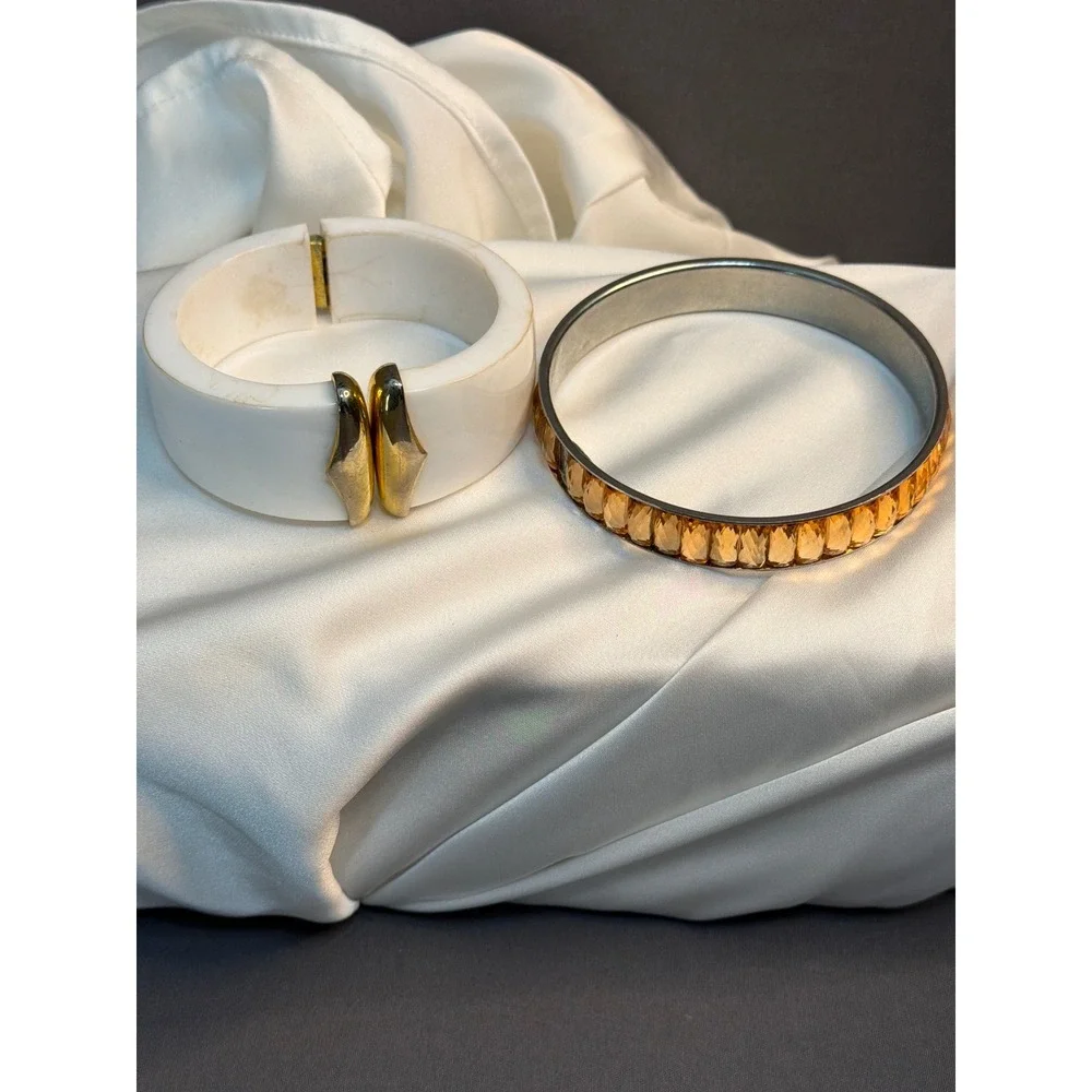 Vintage Monet White Clamper Bracelet & Amber Faceted Crystal Bangle Set